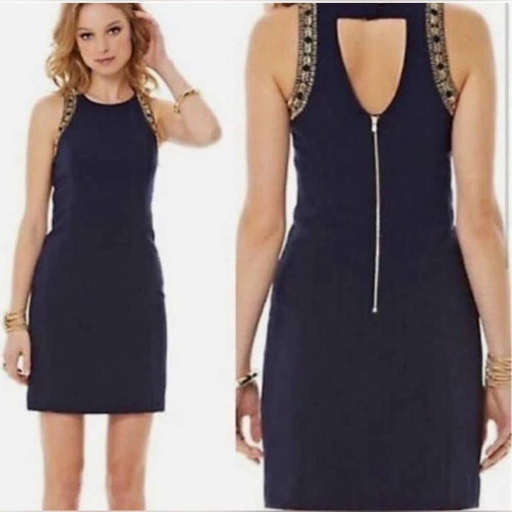 LILLY PULITZER Chrissy Sleeveless Beaded Shift Dress In True Navy Size 2 EUC
